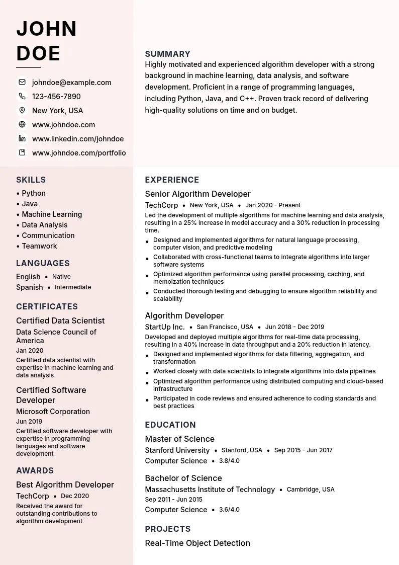 Algorithm Developer resume example
