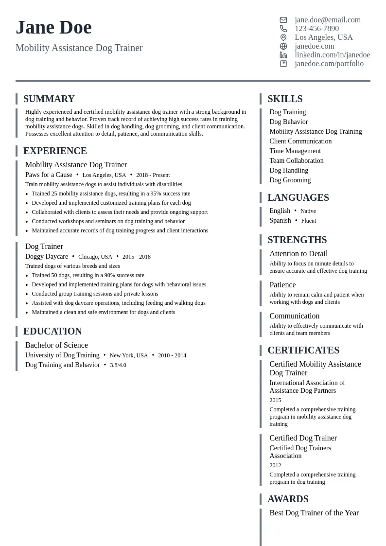 Mobility Assistance Dog Trainer resume example
