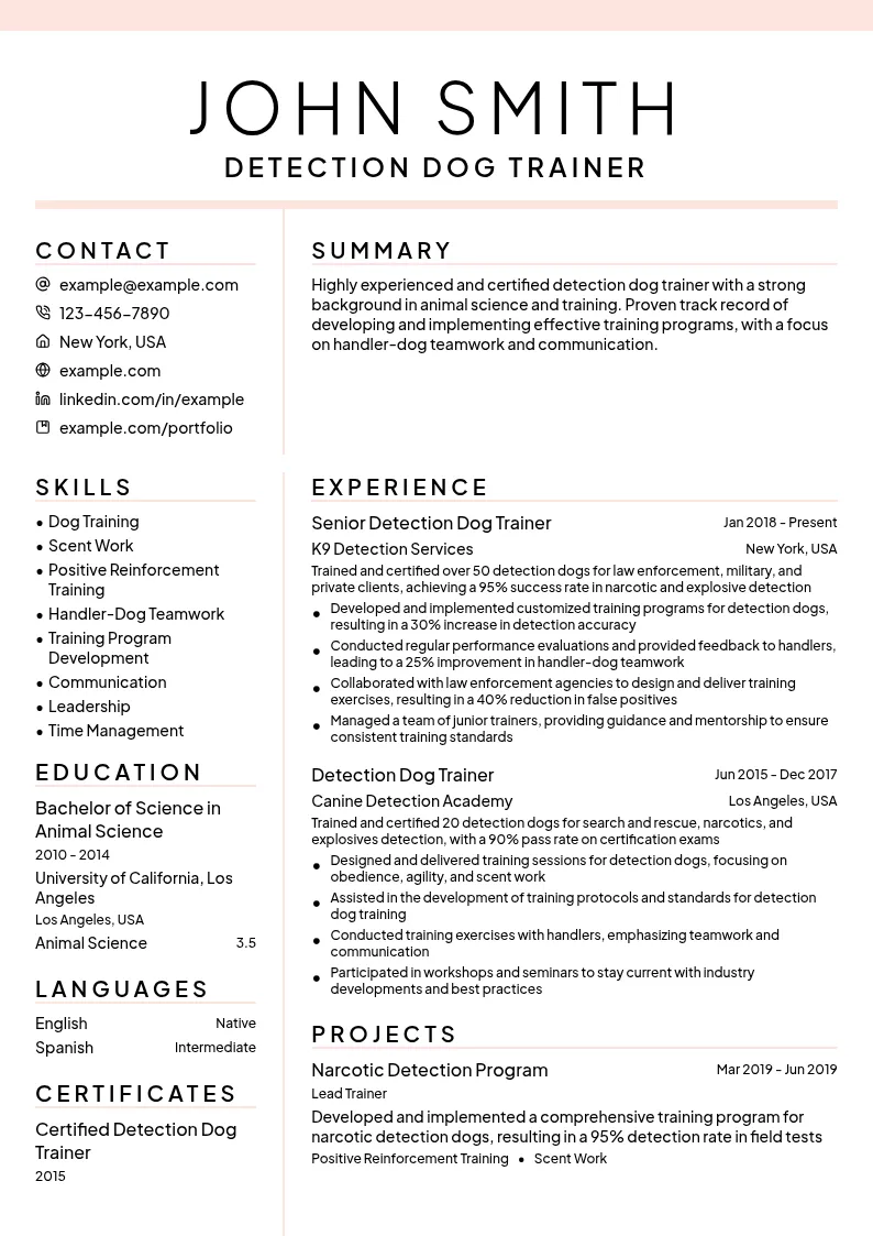 Detection Dog Trainer resume example