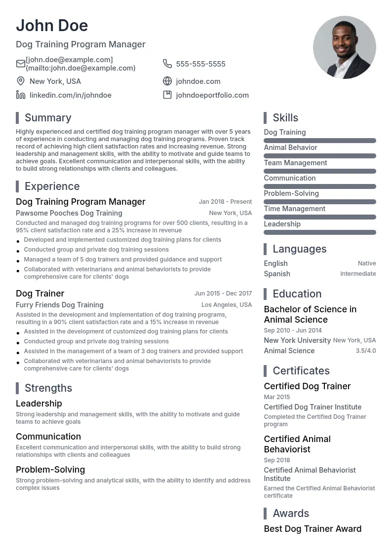 Conducting and Management of Dog Training Programs resume example