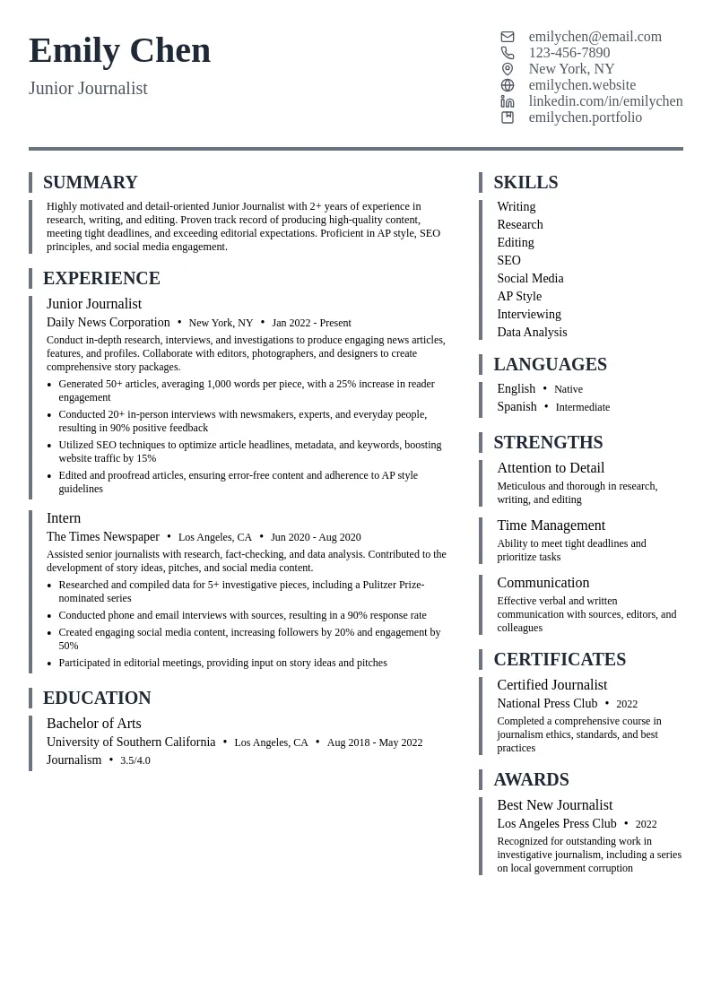 Junior Journalist resume example