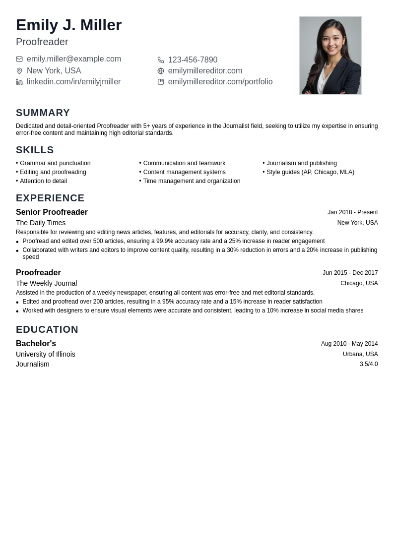 Proofreader resume example