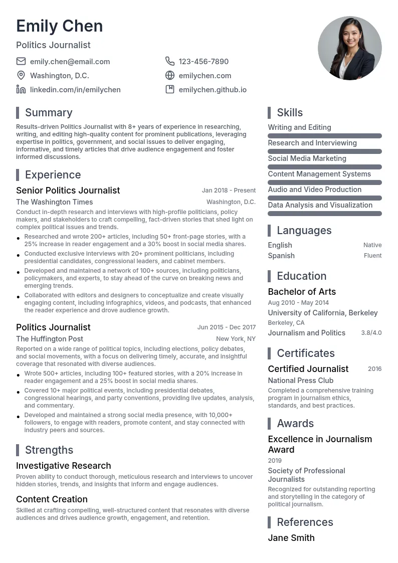 Politics Journalist resume example