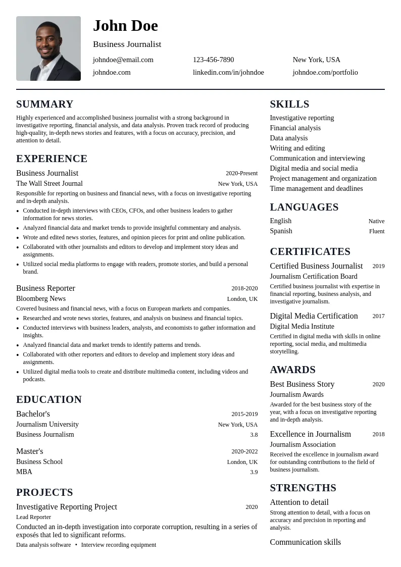 Business Journalist resume example