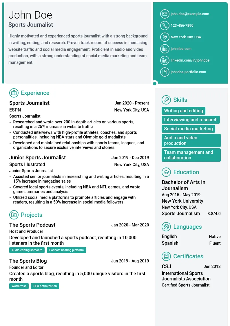 Sports Journalist resume example
