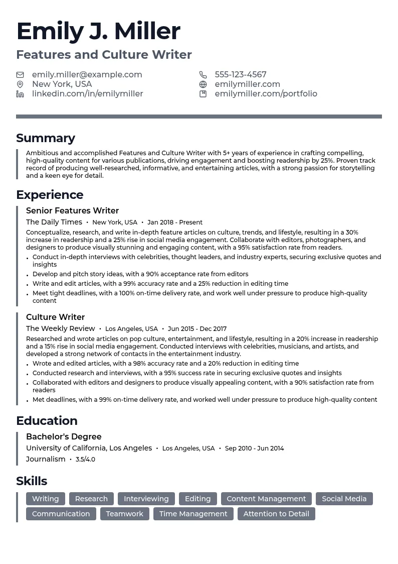Features and Culture Writer resume example