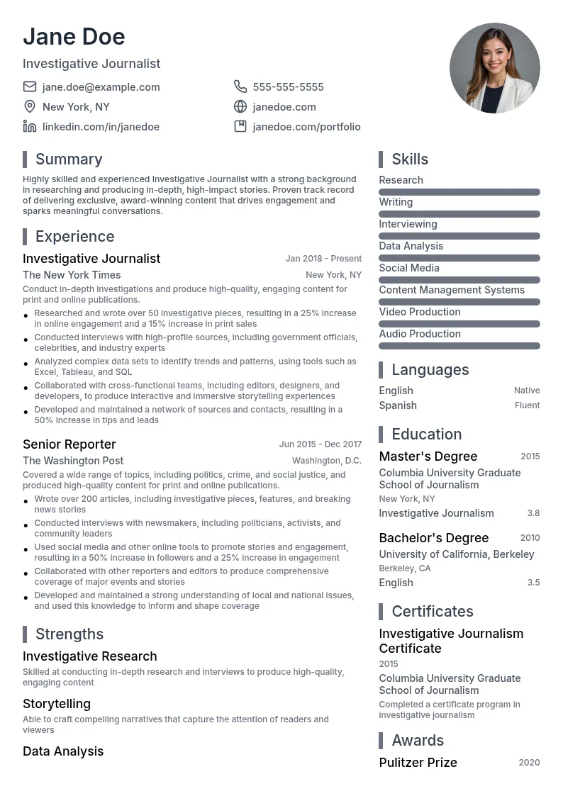 Investigative Journalist resume example