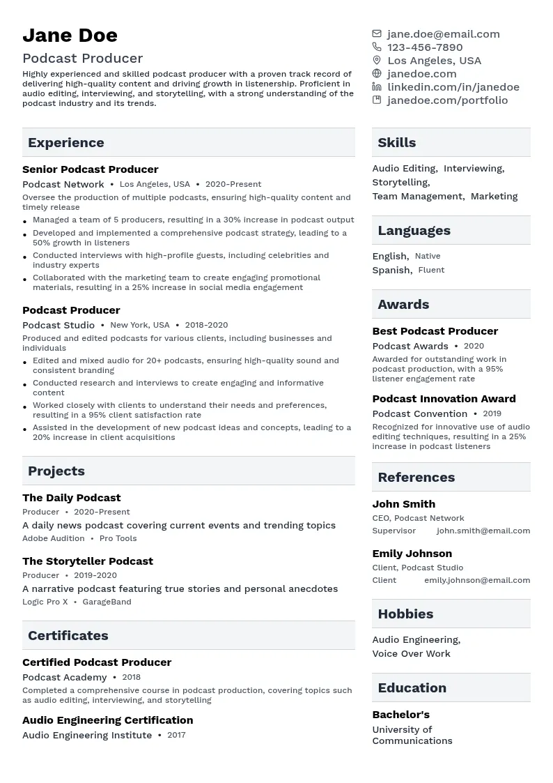 Podcast Producer resume example