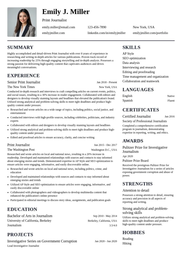 Print Journalist resume example