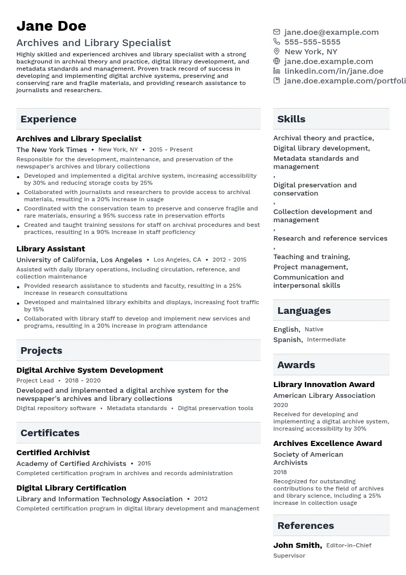 Archives and Library Specialist resume example