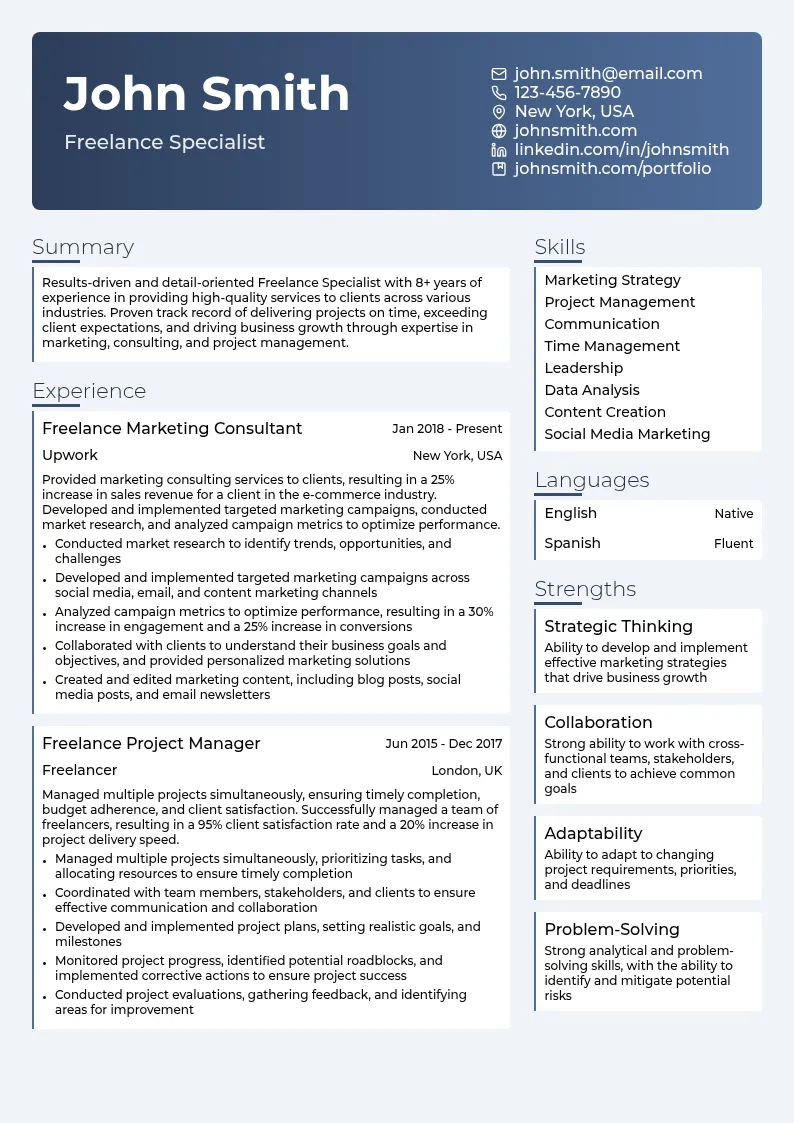 Freelance Specialist resume example