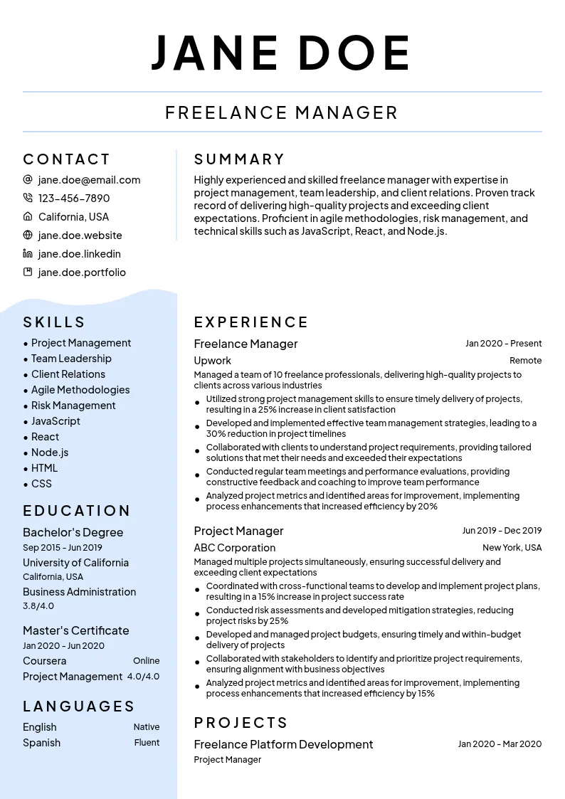 Freelance Manager resume example