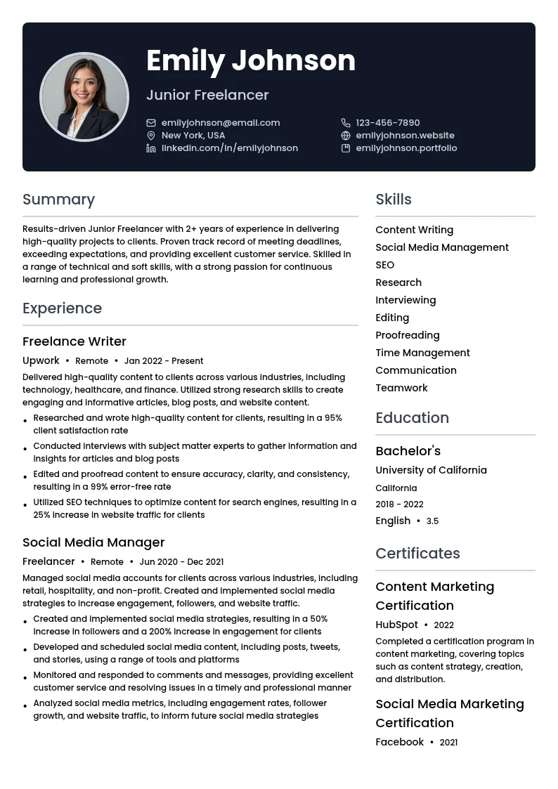 Junior Freelancer resume example