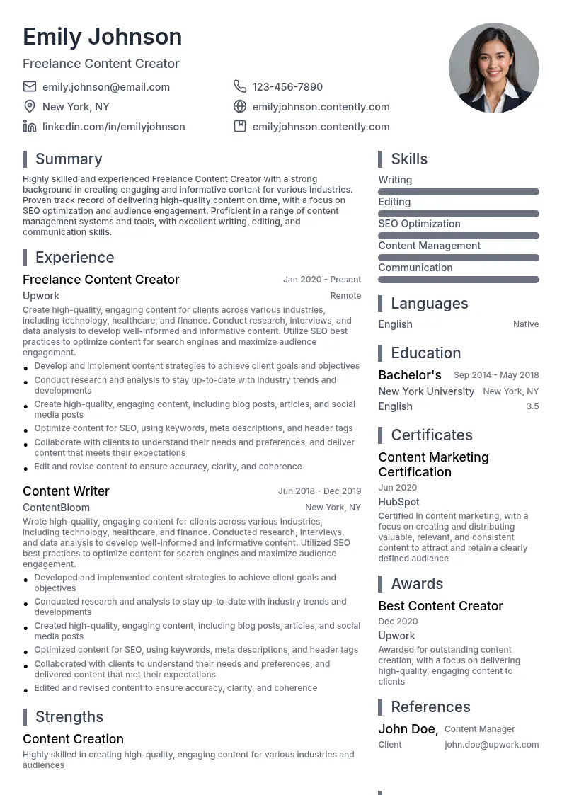 Freelance Content Creator resume example