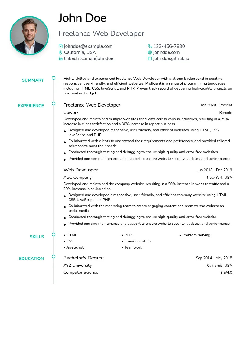Freelance Web Developer resume example