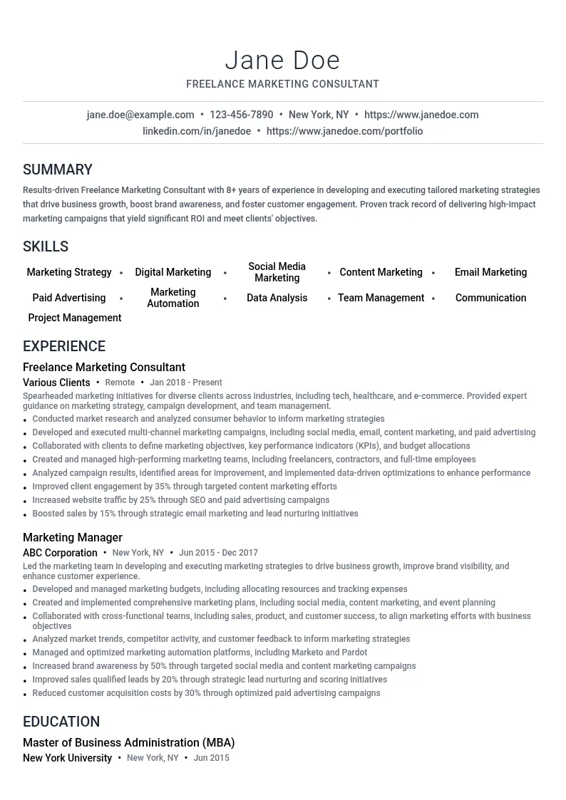 Freelance Marketing Consultant resume example