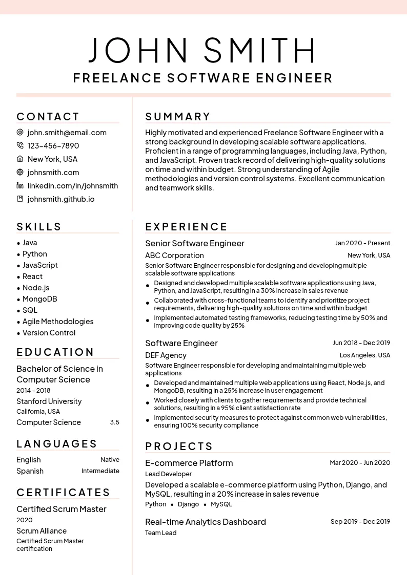 Freelance Software Engineer resume example