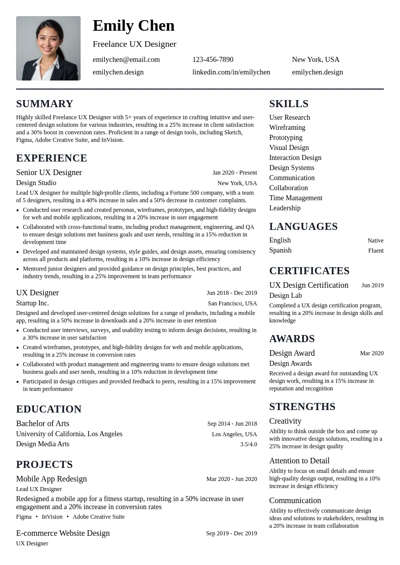 Freelance UX Designer resume example