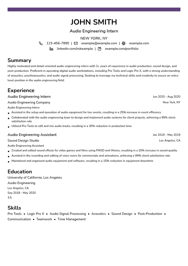 Audio Engineering Intern resume example