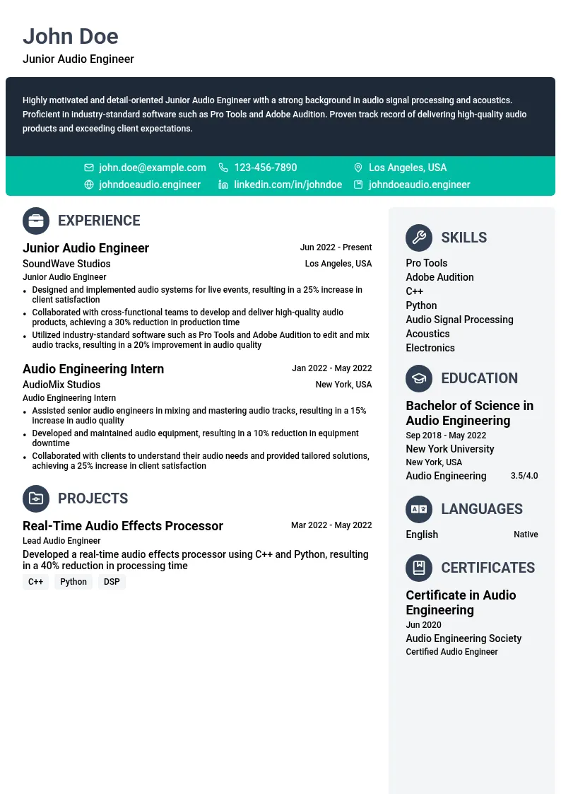 Junior Audio Engineer resume example