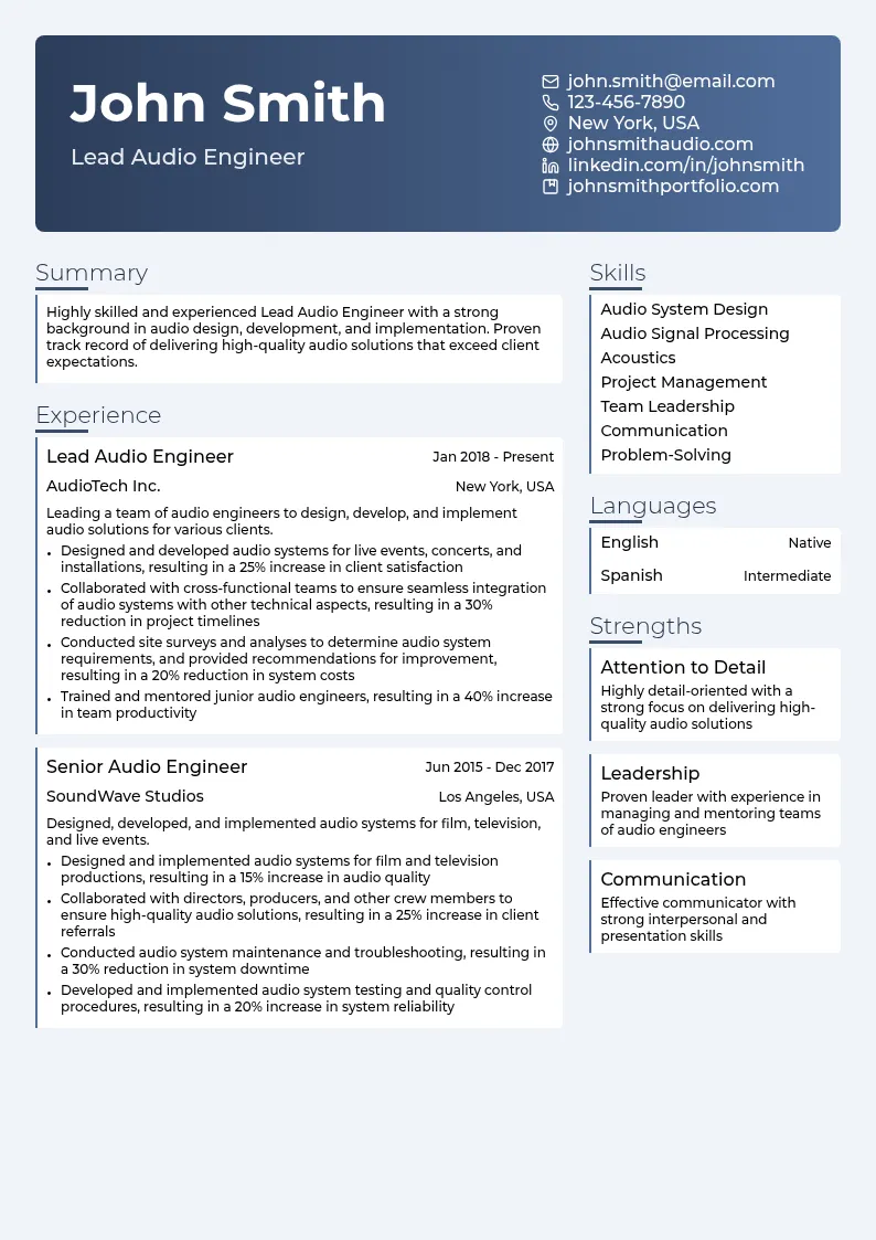 Lead Audio Engineer resume example