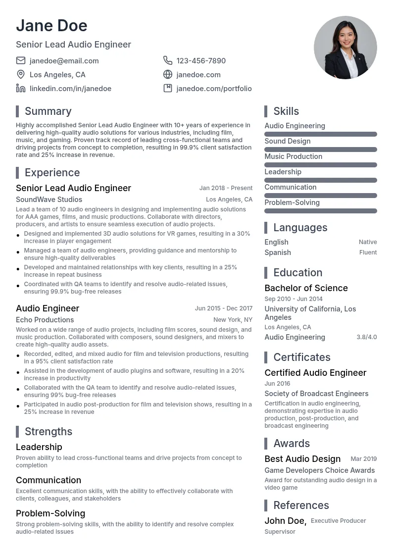 Senior Lead Audio Engineer resume example