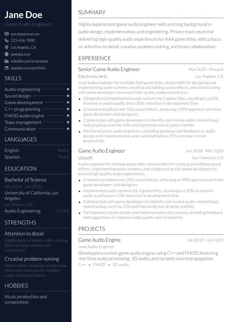 Game Audio Engineer resume example