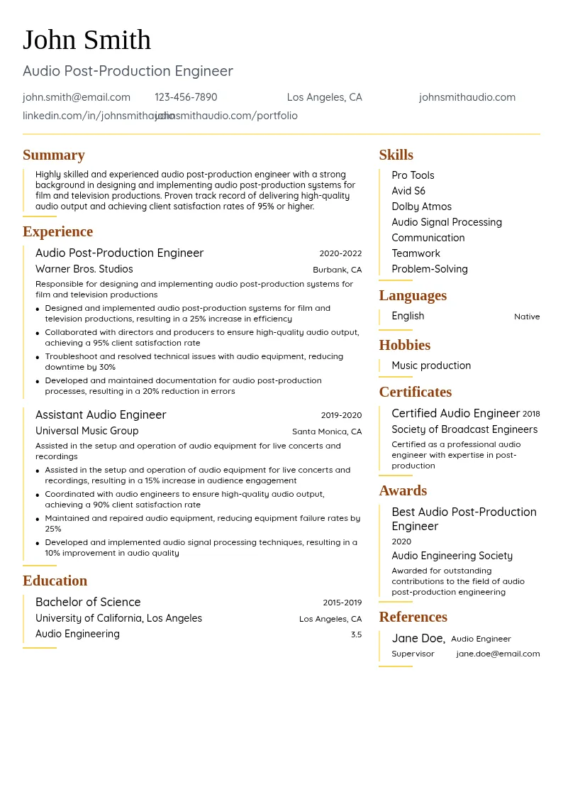Audio Post-Production Engineer resume example