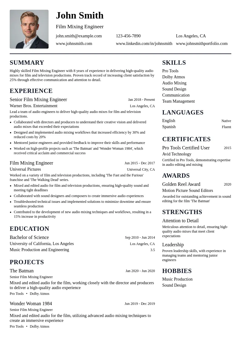 Film Mixing Engineer resume example