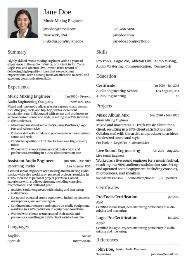 Music Mixing Engineer resume example
