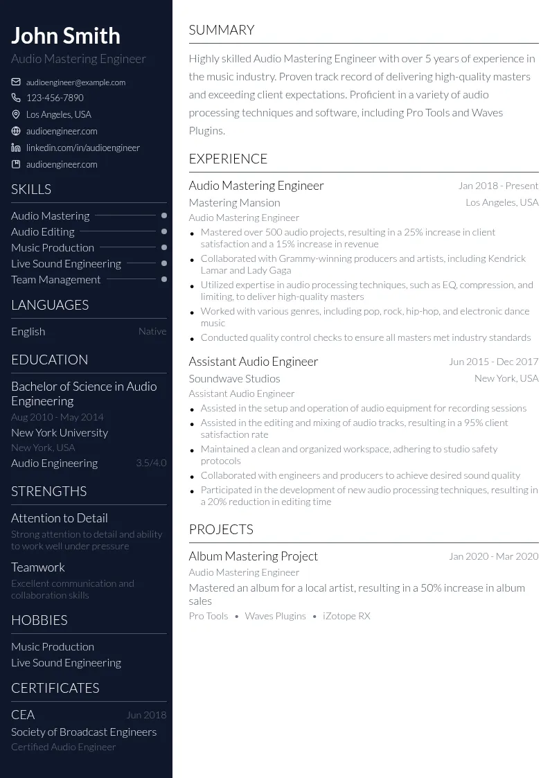 Audio Mastering Engineer resume example