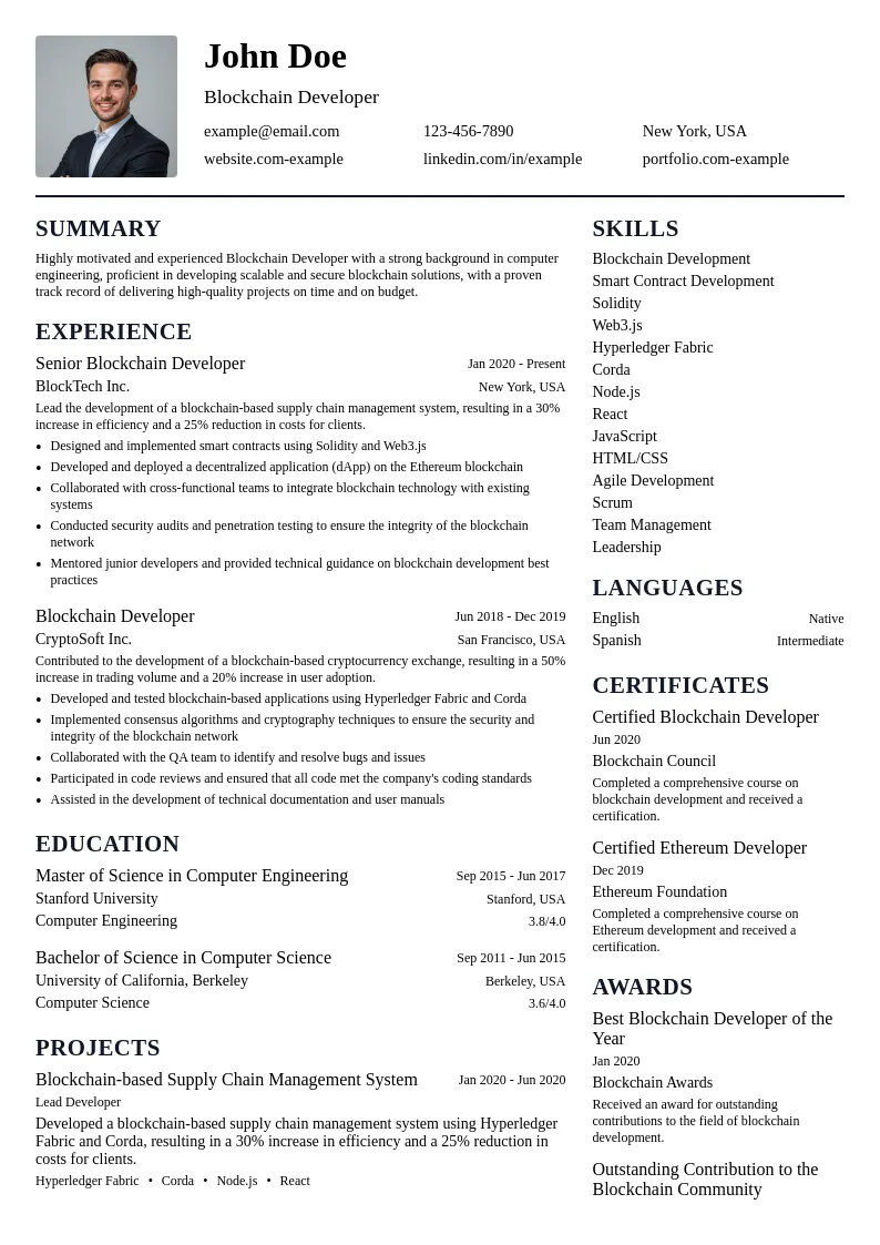 Blockchain Developer resume example