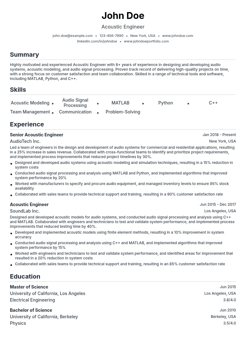 Acoustic Engineer resume example