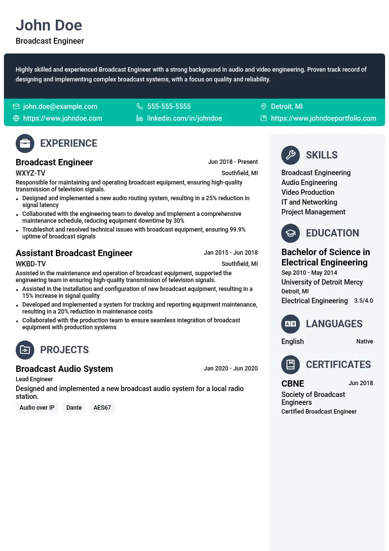 Broadcast Engineer resume example