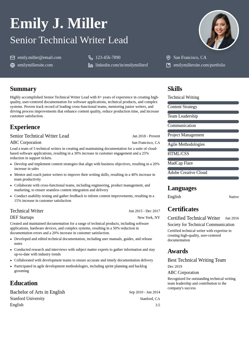 Senior Technical Writer Lead resume example