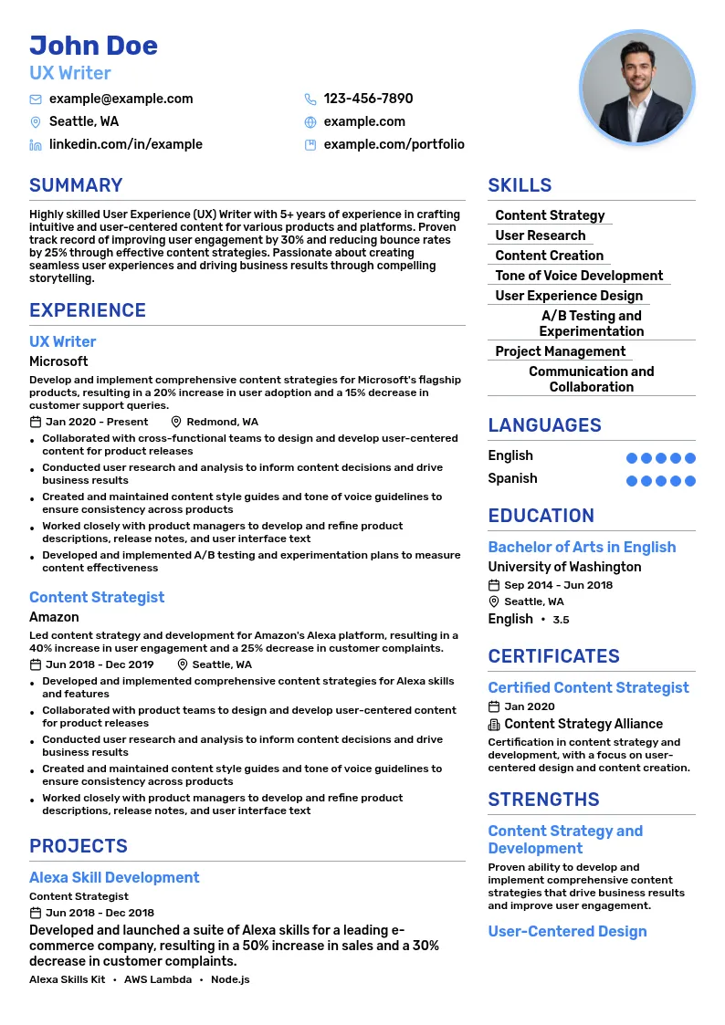 User Experience (UX) Writer resume example