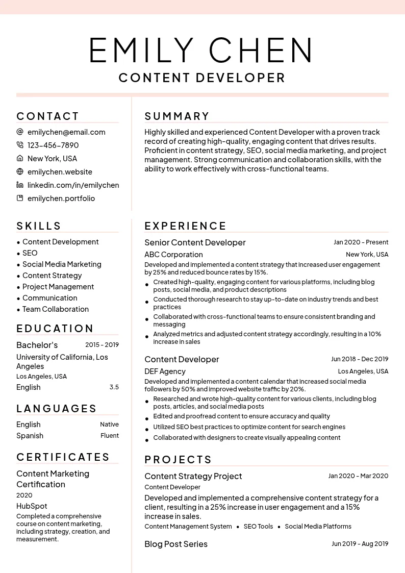 Content Developer resume example