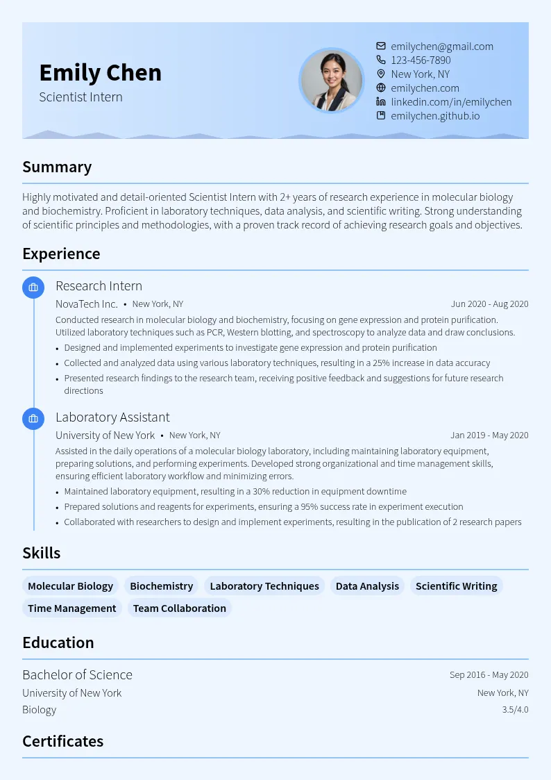 Scientist Intern resume example