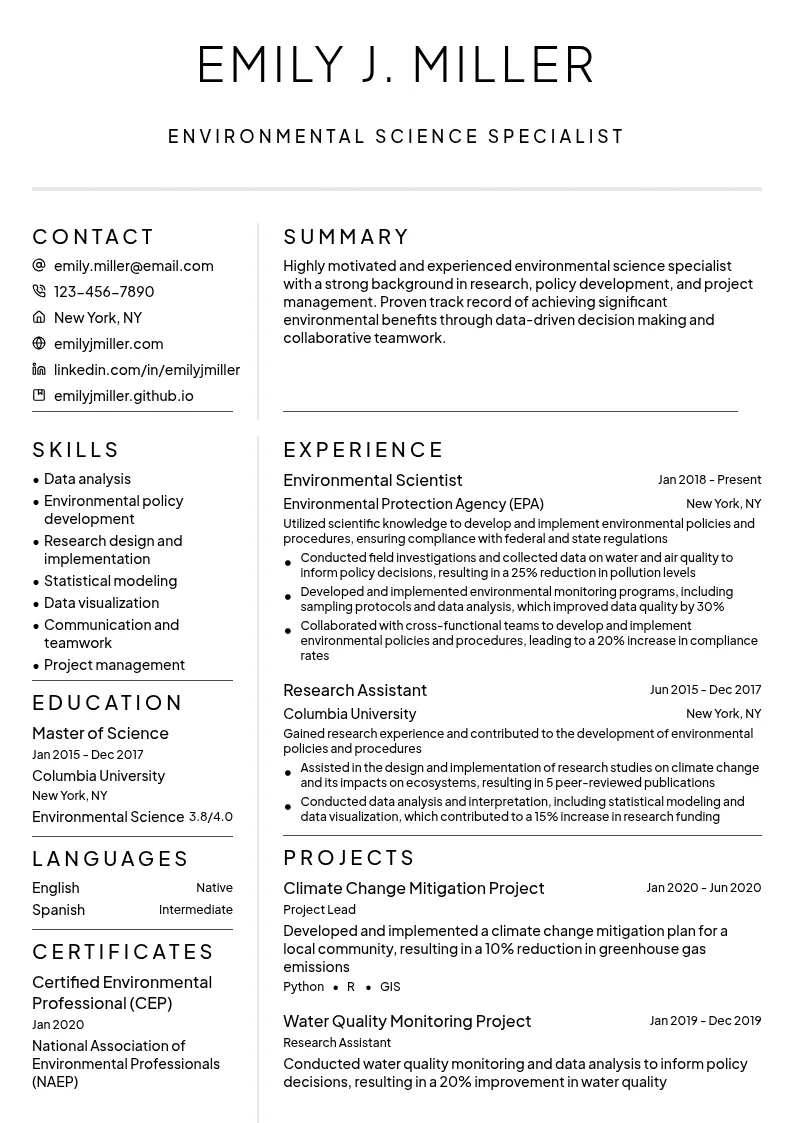 Environmental Science Specialist resume example