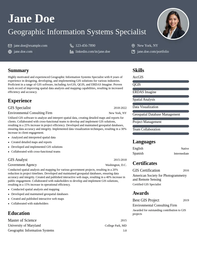 Geographic Information Systems Specialist resume example