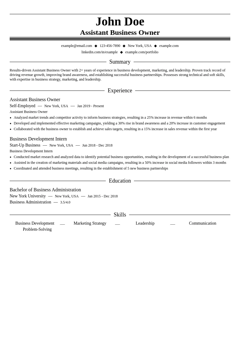Assistant Business Owner resume example