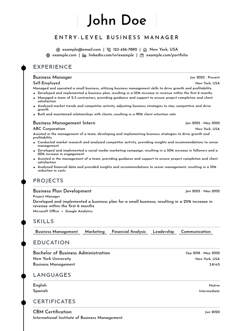 Entry-Level Business Manager resume example