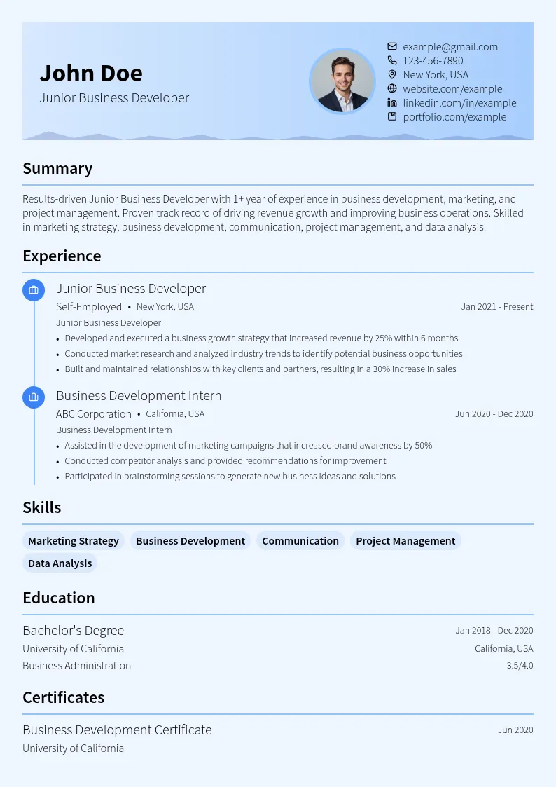 Junior Business Developer resume example