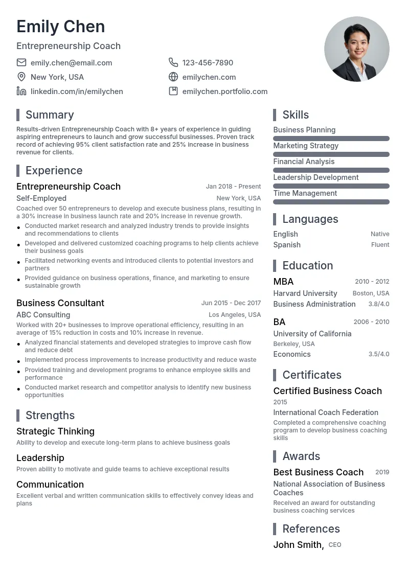 Entrepreneurship Coach resume example