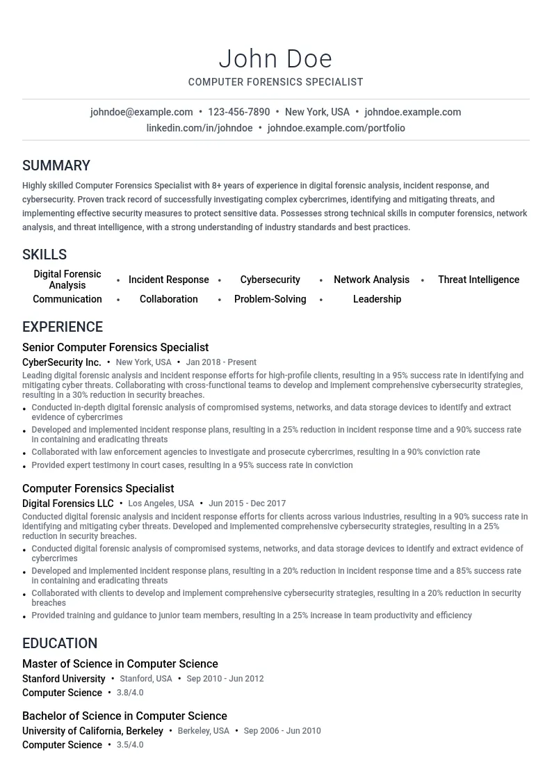 Computer Forensics Specialist resume example