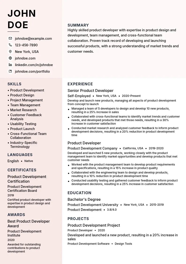 Product Developer resume example