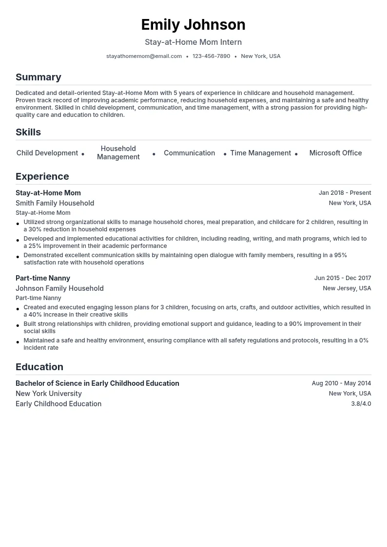 Stay-at-Home Mom Intern resume example