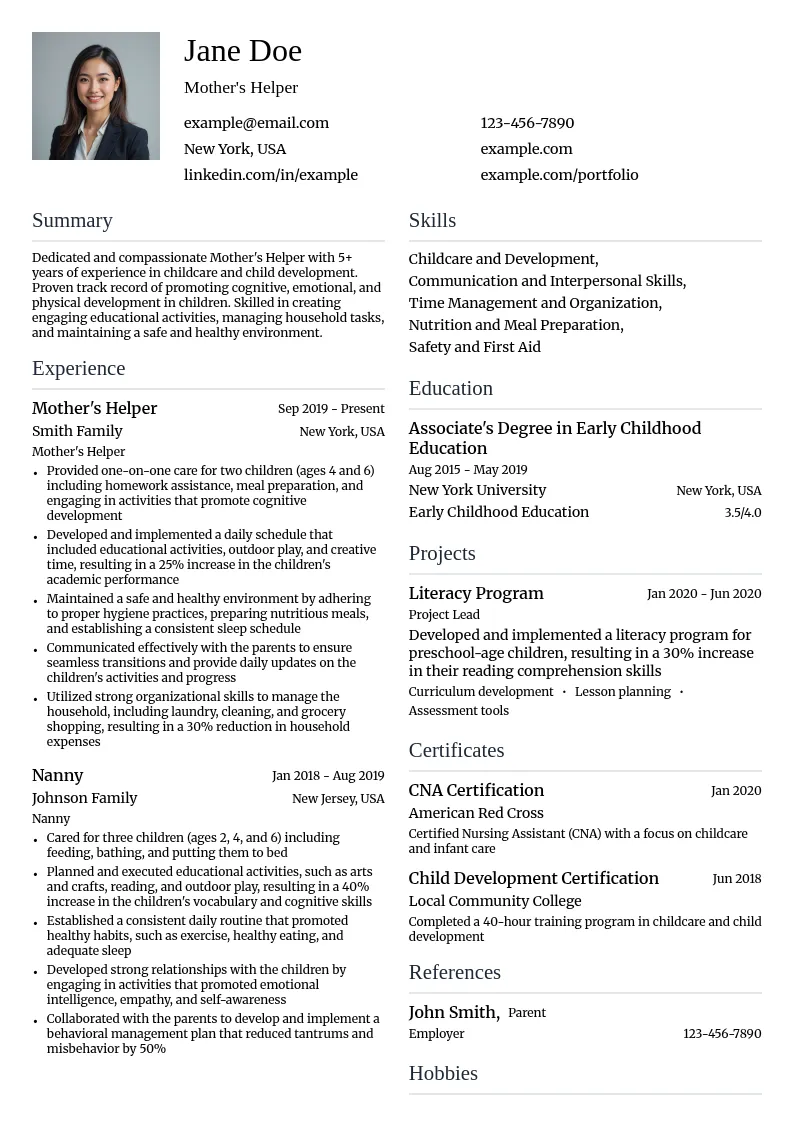 Mother's Helper resume example