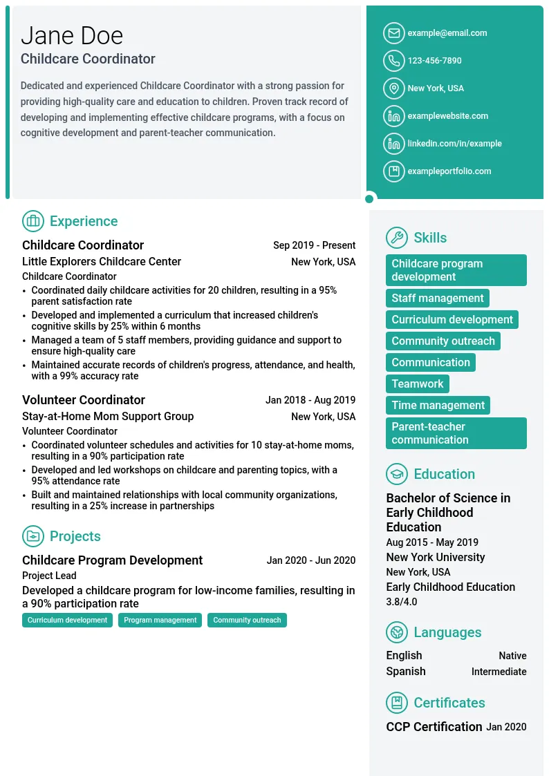 Childcare Coordinator resume example