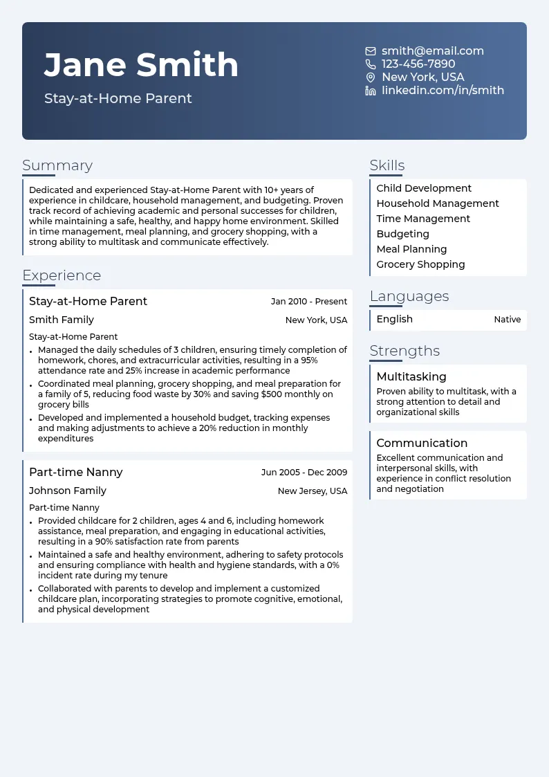 Stay-at-Home Parent resume example
